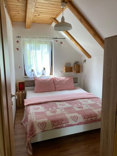 um quarto com uma cama rosa e uma janela em Apartments Vjeverica em Zelin Mrzlovodički