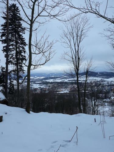 a snow covered hill with trees and a city at Zakątek u Natalii in Lubawka