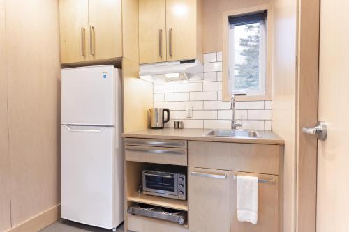 a small kitchen with a refrigerator and a sink at Gîte du Mont-Albert - Sepaq in Sainte-Anne-des-Monts