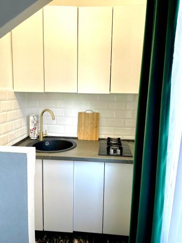 eine Küche mit weißen Schränken und einem Waschbecken in der Unterkunft Golden Valley Apartment in Sibiu
