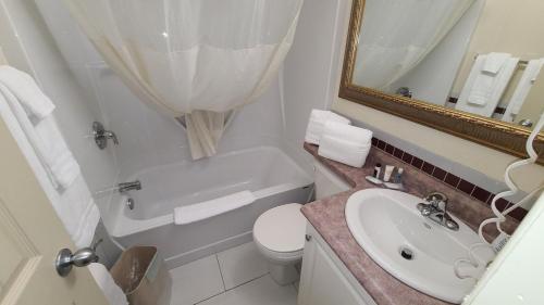 Travelodge by Wyndham Gananoque في غانانوكي: حمام مع حوض ومرحاض ومرآة