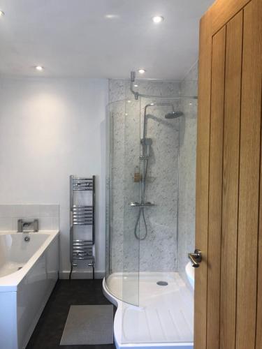 a bathroom with a shower and a toilet and a sink at Newtown Townhouse in Newtown