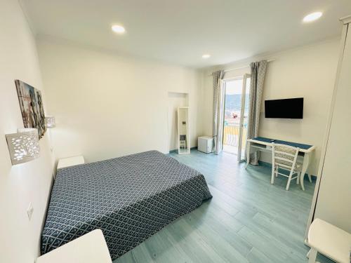 a bedroom with a bed and a desk and a television at Sky Ponza - Immobilevante in Ponza