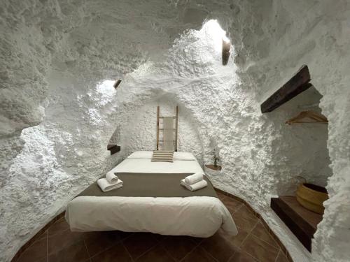 a bedroom with a bed in a stone wall at Cuevas El Atochal Orígenes in Gor