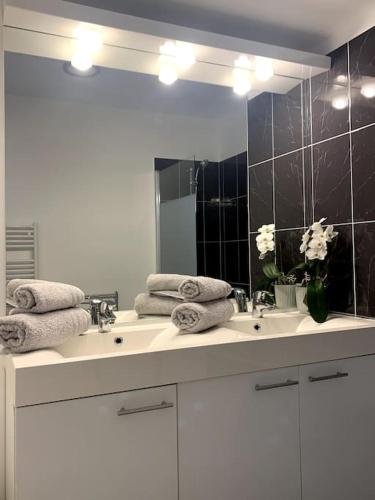 une salle de bain avec deux lavabos et un grand miroir dans l'établissement Élégance et Confort entre Disney et Val d'Europe 6 Personnes+Parking, à Serris