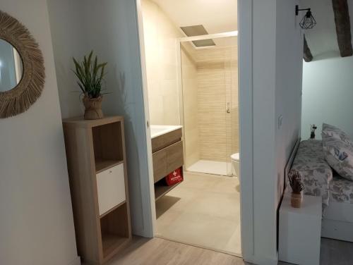 a bathroom with a bed and a sink and a toilet at Apartamentos "El Balconico" in Arguedas