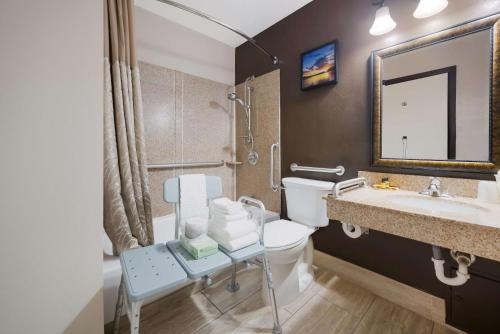 een badkamer met een toilet, een wastafel en een spiegel bij Best Western Executive Inn in Battle Creek
