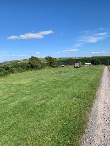a field of green grass next to a dirt road at Tal-y-fan farm (5m luna tent) in Bridgend