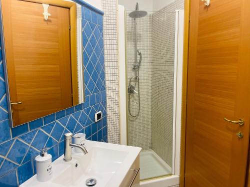 uma casa de banho com um lavatório e um chuveiro em NEWHOUSE VICTORIA em Nettuno