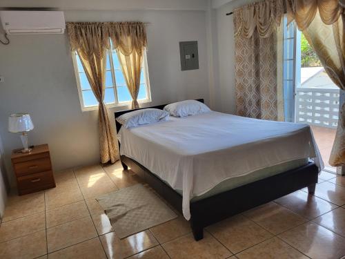 Un dormitorio con una cama grande y una ventana en OceanView Villa, en Buccoo