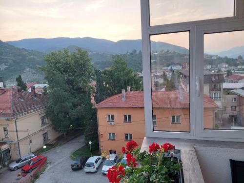 una ventana con vistas a la ciudad y flores rojas en Apartman Minja, en Višegrad
