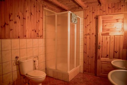 a bathroom with a shower and a toilet and a sink at Domki nad stawami - Pommernhof in Ustronie Morskie
