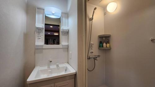 La salle de bains est pourvue d'un lavabo et d'une douche. dans l'établissement Nagahigawa, à Miyazaki