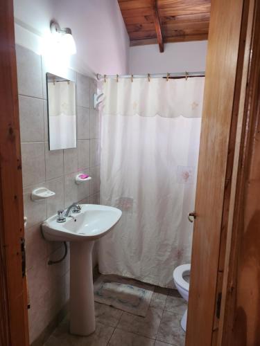 y baño con lavabo y aseo. en Cabañas Celi en Esquel