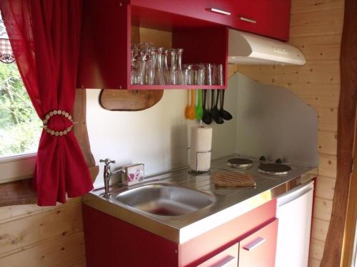 une cuisine avec un évier et un rideau rouge dans l'établissement Roulotte cosy avec kitchenette, ruisseau apaisant et espace bien-être, nuit insolite à Ferdrupt - FR-1-589-444, à Ferdrupt