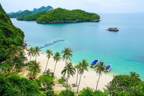 a beach with palm trees and boats in the water at Koh Phaluai beach cottage in Koh Phaluai