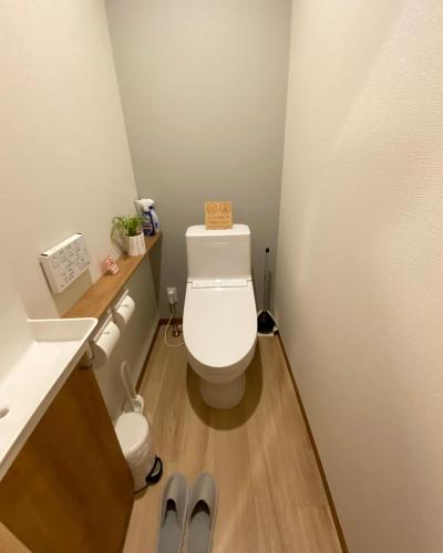 a small bathroom with a toilet and a sink at AJITO Hostel & CafeBar in Shingu
