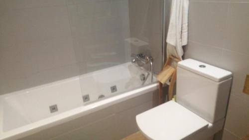 een badkamer met een toilet en een bad met een douche bij Inmejorable en el Puerto Deportivo a 1 minuto de la playa. Pleno centro in Gijón