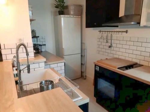 une cuisine avec un évier et un réfrigérateur dans l'établissement La Romantique, à Bourges