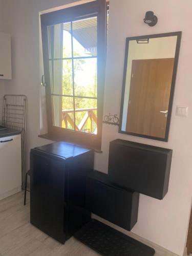 a bathroom with a mirror and a black dresser at Brzozowe Wzgórze z jacuzzi i rowerami in Jastrzębia Góra