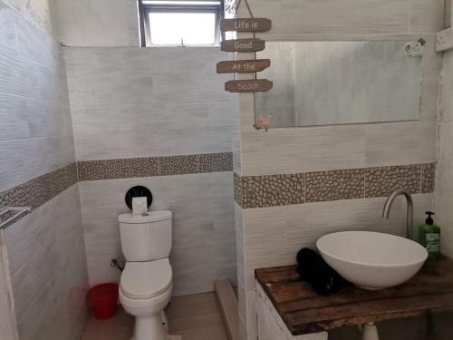 a bathroom with a white toilet and a sink at OR Saison in Rodrigues Island