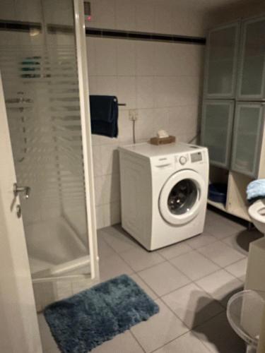 a bathroom with a washing machine and a shower at Grande Chambre à louer à Trélex avec entrée indépendante in Trélex