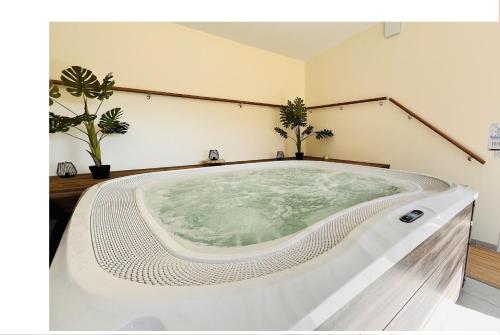 - une grande baignoire dans une pièce ornée de plantes dans l'établissement Au Petit Vivoin, à Vivoin