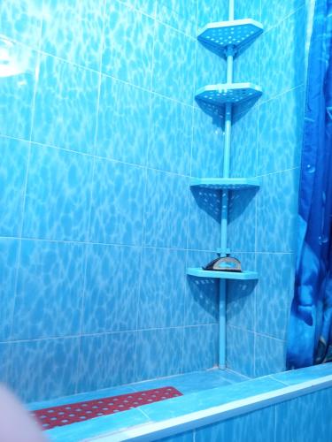 a blue tiled shower with two shelves in it at Dasha Guest House 2 in Naryn