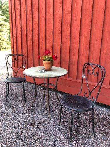 2 Stühle und ein Tisch mit einer Topfpflanze drauf in der Unterkunft Lillemyrsgården in Forshaga