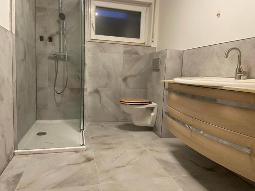 a bathroom with a shower and a toilet and a sink at Exklusive Wohnung Nähe Frankfurt in Eppstein