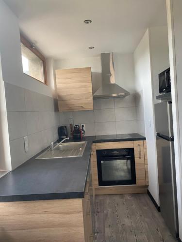 a small kitchen with a sink and a stove at Appartement Mende 2 Chambres Canapé lit WIFI Gratuit in Mende