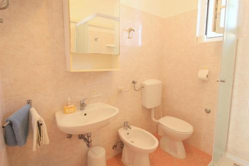 ein Badezimmer mit einem Waschbecken, einem WC und einem Spiegel in der Unterkunft SANDRA A4, 80 m FROM THE BEACH in Novigrad Istria