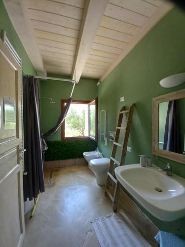 uma casa de banho verde com um lavatório e um WC em Casa Rosa em San Costanzo