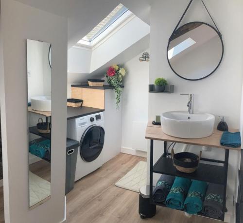 une salle de bain avec un lavabo et une machine à laver dans l'établissement Gîte La Terrasse du 37, à Breteil