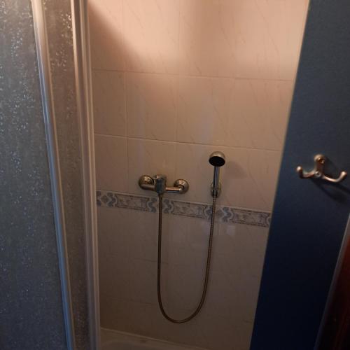 a shower with a hose in a bathroom at Domek wycieczkowy in Mosty