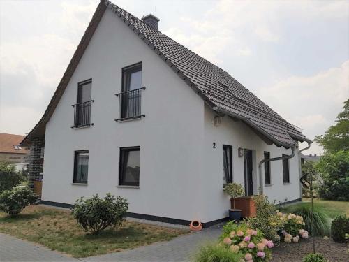 une maison blanche avec un toit noir dans l'établissement Ferienhaus Spreedeich, à Werben