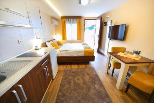 a small room with a bed and a small table at Vila Almax in Soko Banja