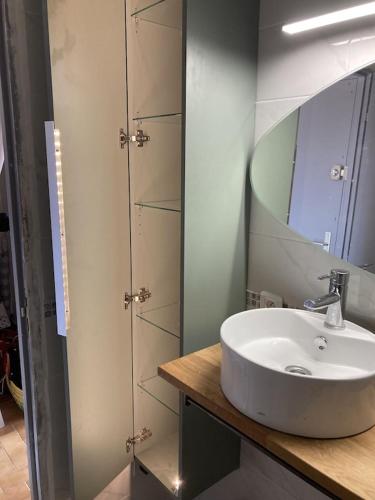 une salle de bain avec un lavabo et un miroir dans l'établissement BLEU SOLEIL - STUDIO 23 M2 - BALCON - PORT et PLAGES, à Canet