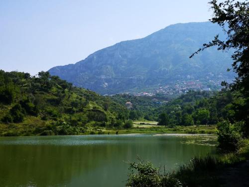 a view of a lake with mountains in the background at Meti Guest House in Krujë