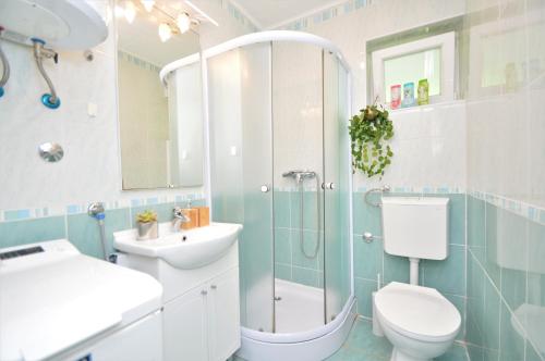 La salle de bains est pourvue d'une douche, de toilettes et d'un lavabo. dans l'établissement Apartment Vinea-parking included, à Šibenik