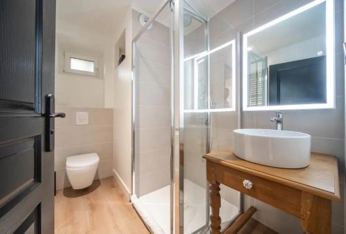a bathroom with a sink and a glass shower at Les clés Bélinéenes in Bligny-lès-Beaune