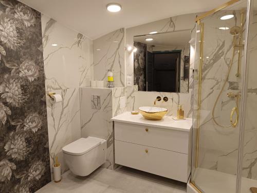 W łazience znajduje się prysznic, toaleta i umywalka. w obiekcie Apartament Kapitański w mieście Sopot