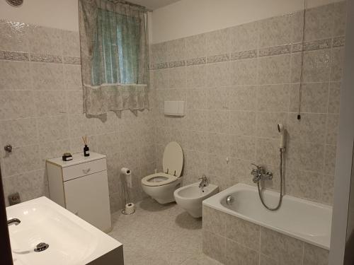 y baño con aseo, bañera y lavamanos. en Casa Vacanze Lavanda & Rosmarino, en Telve