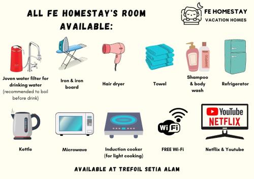 un insieme di icone di diversi tipi di elettrodomestici e mobili di Netflix WiFi Cozy Homestay Trefoil Setia Alam Shah Alam 沙亚南舒适温馨日租民宿 a Setia Alam