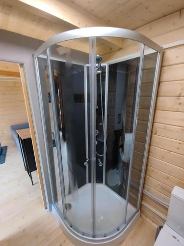 - une douche en verre dans une chambre avec plafond dans l'établissement Tiny house toute équipée avec jardin, à Saint-Florent-sur-Cher