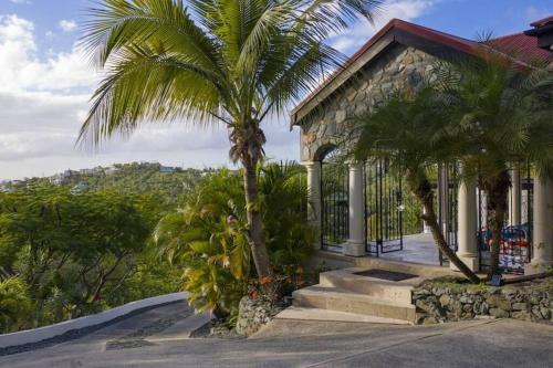 a house with a palm tree next to a road at Arc Du Soleil- 3 BDRM Sleeps 6 Stunning Views in Cruz Bay