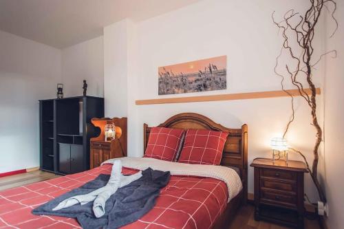 een slaapkamer met een bed met rode kussens bij Studio cosy proche centre-ville et gare in Mulhouse