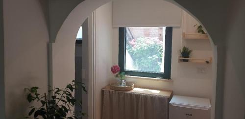 korytarz z oknem i stołem z rośliną w obiekcie IL GIARDINETTO di Dilyana w mieście Monterosi