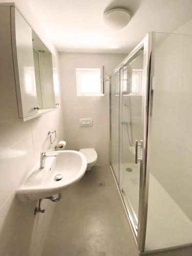 a bathroom with a sink and a shower and a toilet at Holiday house Zlata in Banjol