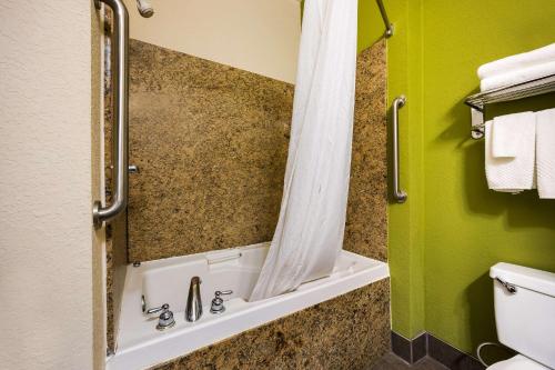Sleep Inn & Suites في فلدوستا: حمام مع دش مع حوض استحمام ومرحاض